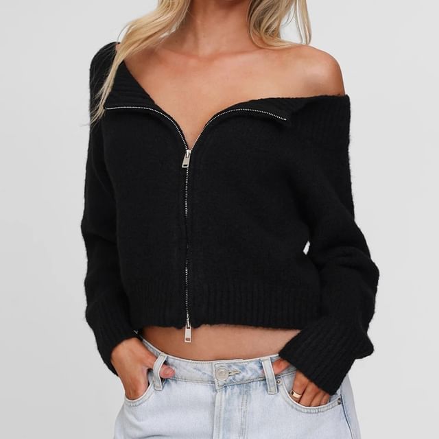 Bababy-Off-Shoulder Long-Sleeve Plain Zip-Up Crop Sweater