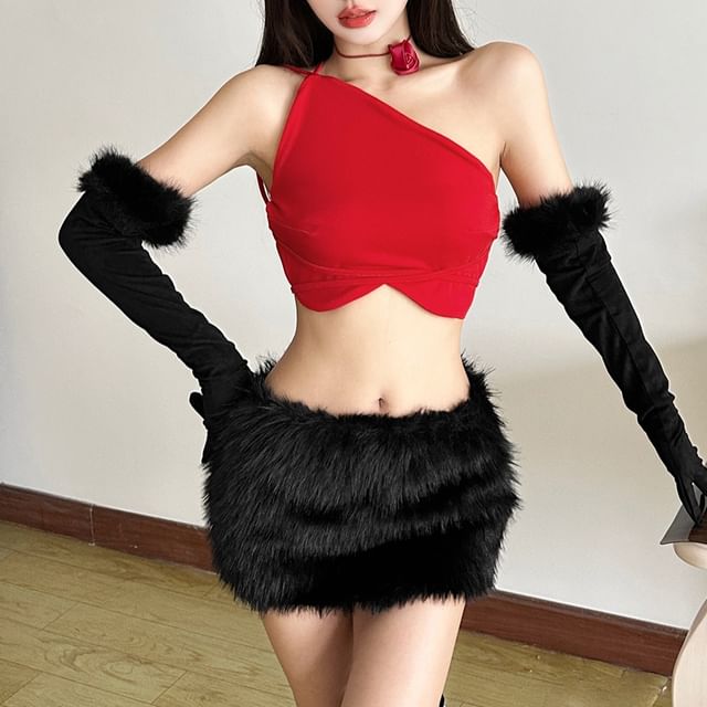 Bababy-One-Shoulder Plain Asymmetrical Crop Tank Top Mid Rise Fluffy Mini Pencil Skirt