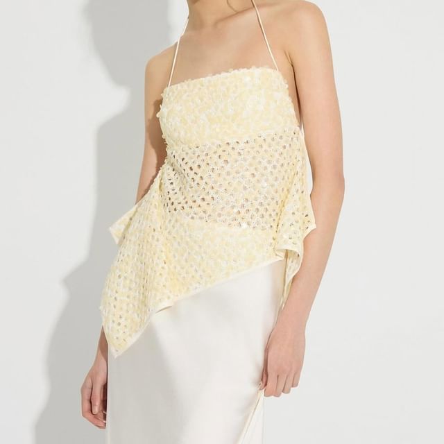 Bababy-Set Halter Neck Asymmetrical Sequin Perforated Open Back Crop Top High Waist Plain Maxi Mermaid Skirt