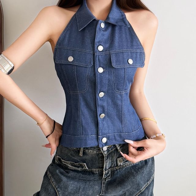 Bababy-Sleeveless Button-Up Denim Crop Shirt