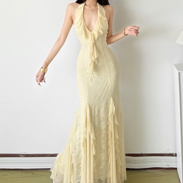 Bababy-Sleeveless Ruffle Plain Maxi Sheath Dress