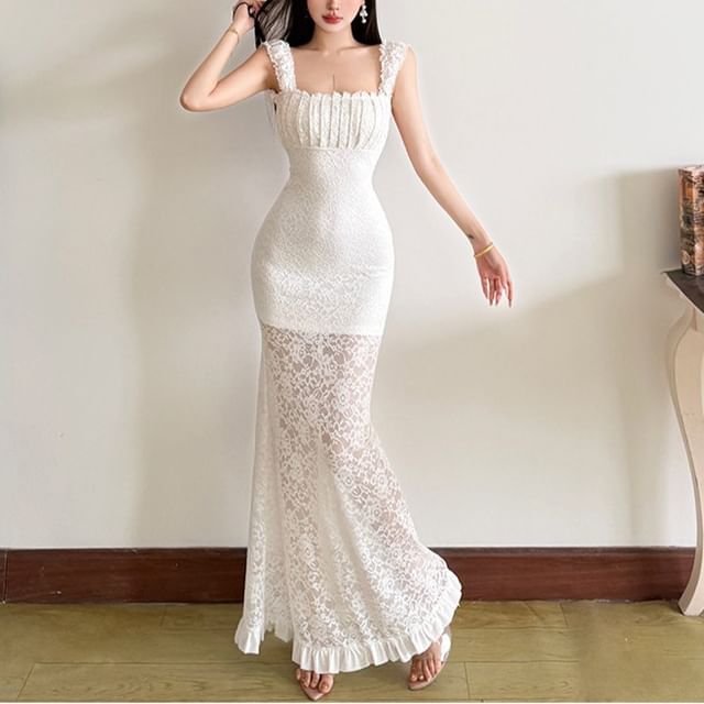 Bababy-Sleeveless Square Neck Plain Ruffle Backless Lace Maxi Sheath Dress