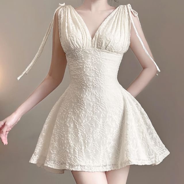 Bababy-Sleeveless V-Neck Plain Mini Dress
