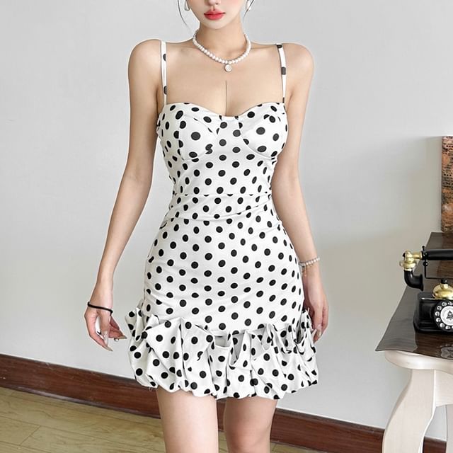 Bababy-Spaghetti Strap Dotted Bubble Hem Bodycon Dress Various Designs
