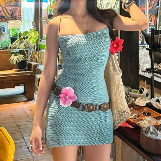 Bababy-Spaghetti Strap Knit Mini Bodycon Dress