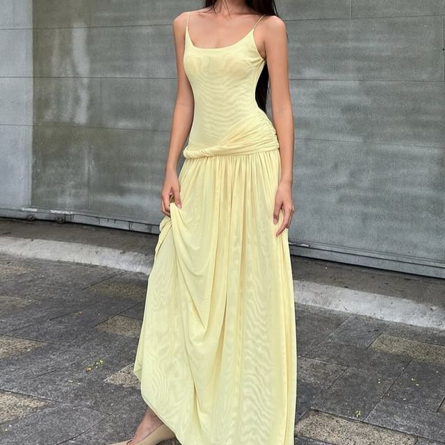 Bababy-Spaghetti Strap Plain Maxi A-Line Dress