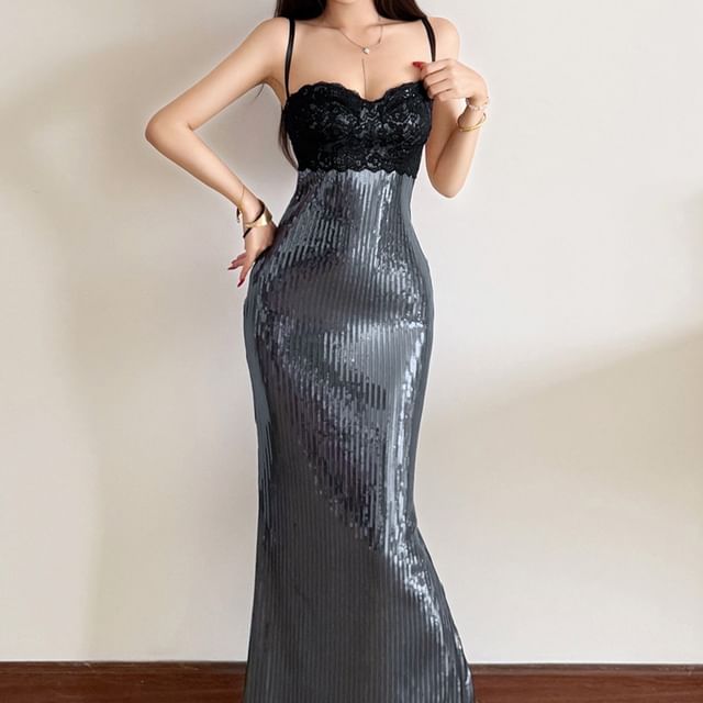 Bababy-Spaghetti Strap Sequin Panel Lace Maxi Sheath Dress