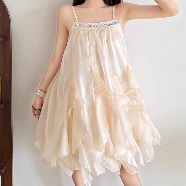 Bababy-Spaghetti Strap Sequined Ruffle Plain Mini A-Line Dress