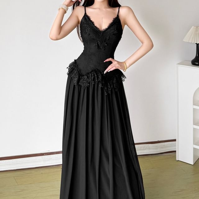 Bababy-Spaghetti Strap V-Neck Plain Ruffle Panel Lace Maxi A-Line Dress