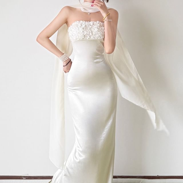 Bababy-Strapless Lace Panel Maxi Sheath Dress