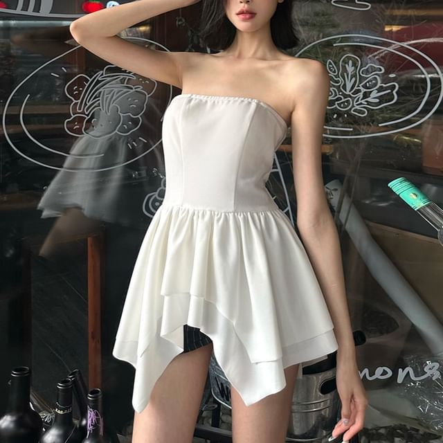 Bababy-Strapless Plain Asymmetrical Layered Mini A-Line Dress