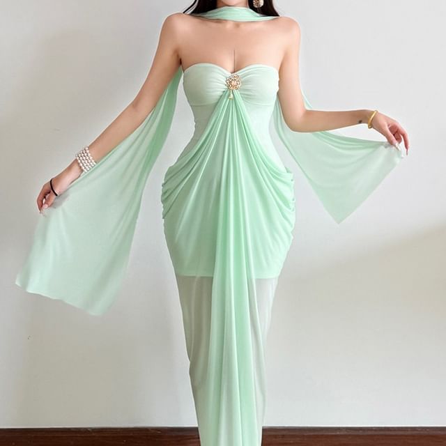 Bababy-Strapless Plain Ruched Maxi Bodycon Dress