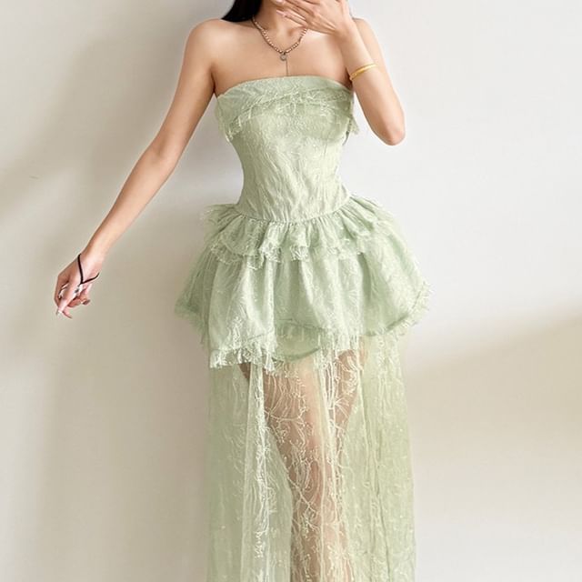 Bababy-Strapless Sequin Slit Lace Maxi A-Line Dress