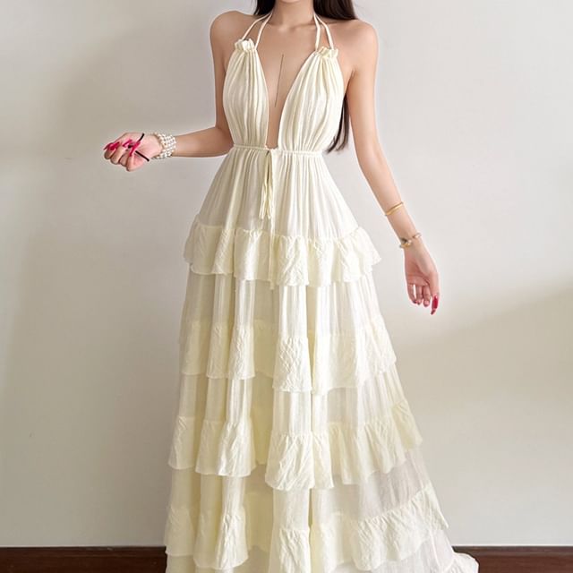 Bababy-Strappy Plain Maxi A-Line Tiered Dress