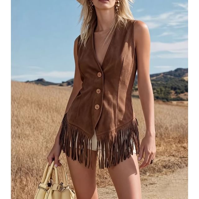 Bababy-V-Neck Fringed Button-Up Vest