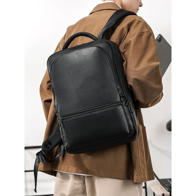 BagBuzz-Faux Leather Plain Laptop Backpack