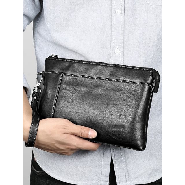 BagBuzz-Faux Leather Plain Zip Pouch