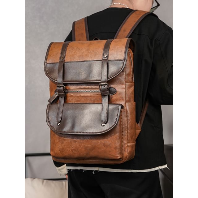 BagBuzz-Paneled Buckled Faux Leather Backpack