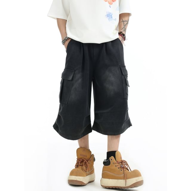 Banash-Elastic Waist Washed Cargo Shorts