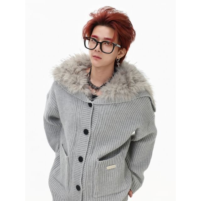 Banash-Fluffy Collar Plain Ribbed Knit Button Up Cardigan