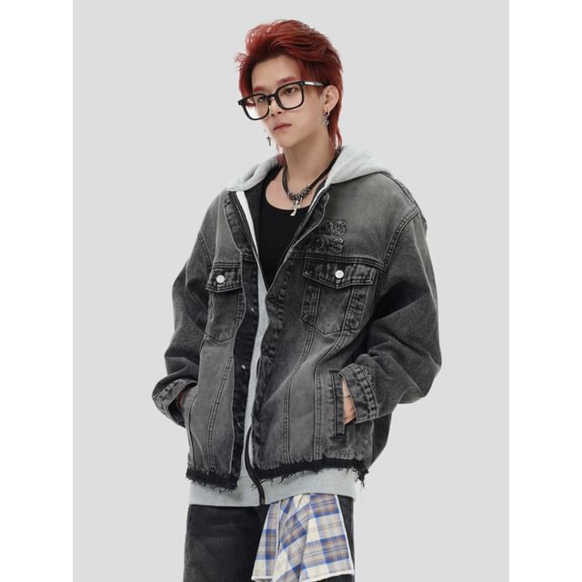 Banash-Hooded Washed Denim Mock Two Piece Jacket