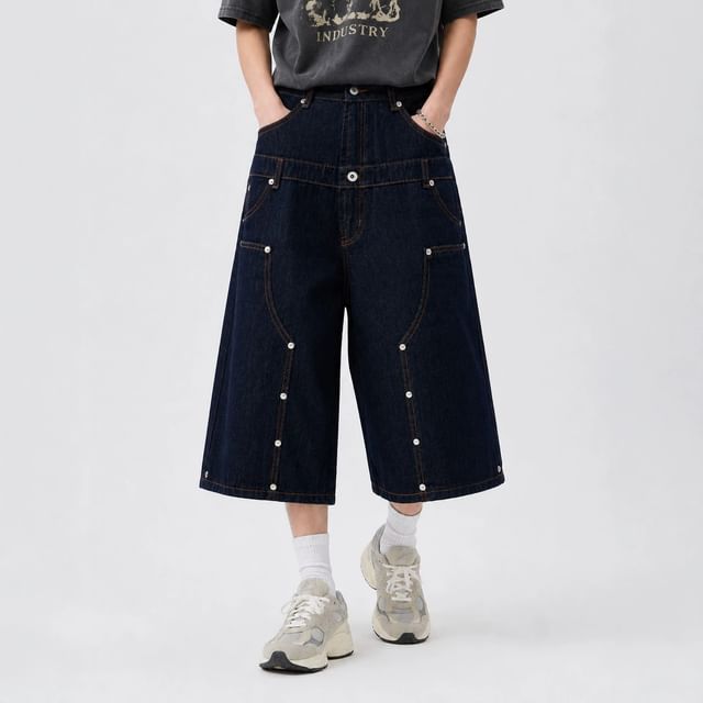Banash-Mid Rise Studded Contrast Stitched Jorts