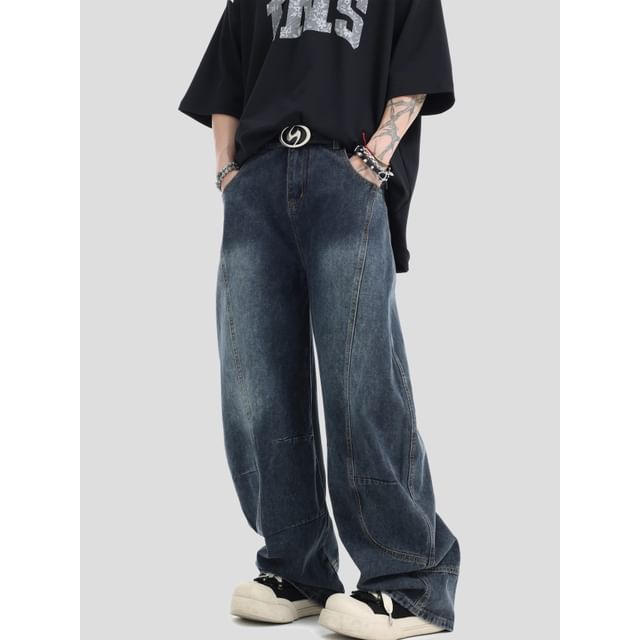 Banash-Mid Rise Washed Panel Wide Leg Jeans