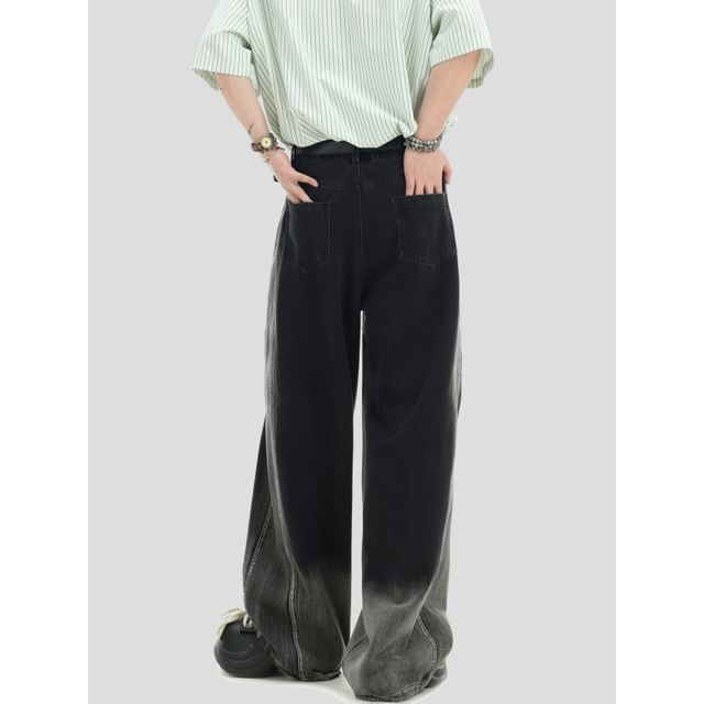 Banash-Mid Rise Washed Panel Wide Leg Jeans