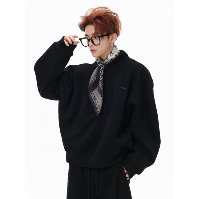 Banash-Set V-Neck Half Zip Plain Sweatshirt Neckerchief