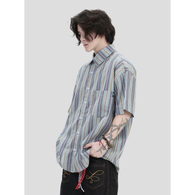 Banash-Short Sleeve Collared Striped Shirt