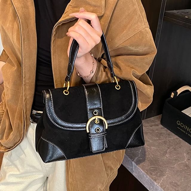 Basaran-Buckled Faux Suede Satchel Bag