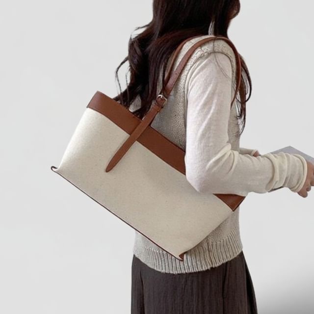 Basaran-Canvas Panel Faux Leather Tote Bag