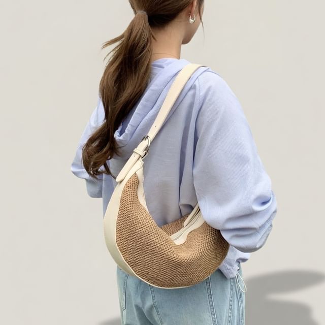 Basaran-Canvas Woven Panel Hobo Bag