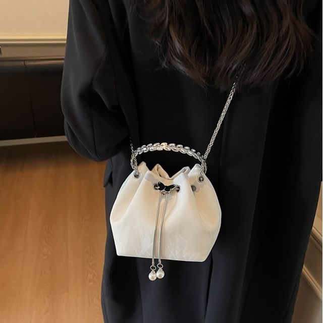 Basaran-Chain Strap Drawstring Faux Leather Bucket Bag