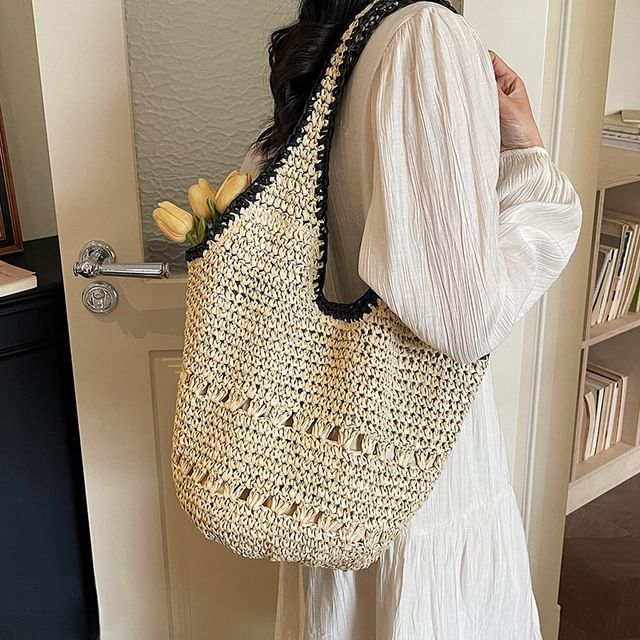 Basaran-Contrast Trim Perforated Straw Tote Bag