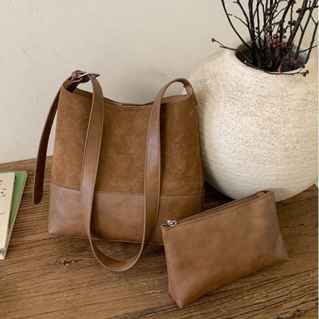 Basaran-Faux Leather Panel Tote Bag With Pouch