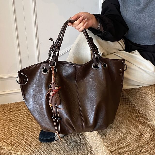 Basaran-Faux Leather Plain Shoulder Bag
