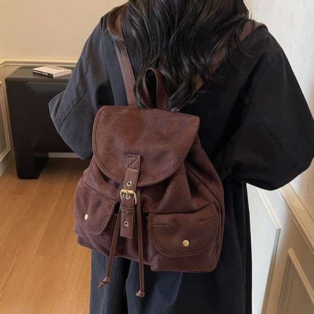 Basaran-Flap Drawstring Buckled Faux Suede Backpack
