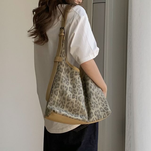 Basaran-Leopard Print Plain Faux Leather Tote