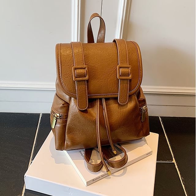 Basaran-Plain Buckled Faux Leather Flap Backpack