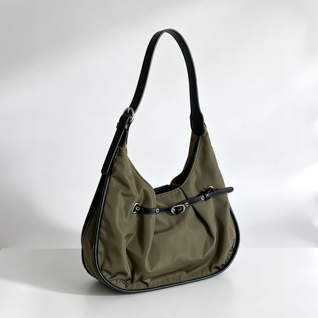 Basaran-Plain Buckled Nylon Hobo Shoulder Bag