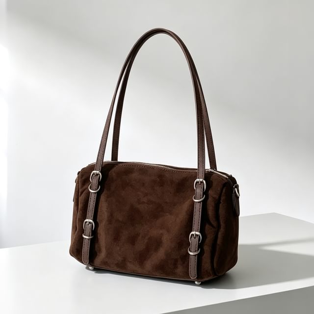 Basaran-Plain Faux Suede Buckled Shoulder Bag