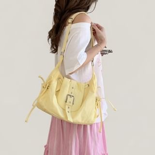 Basaran-Plain Flap Buckled Drawstring Fabric Shoulder Bag