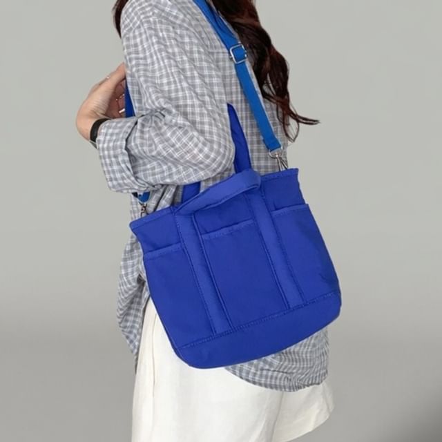 Basaran-Plain Panel Nylon Crossbody Tote Bag