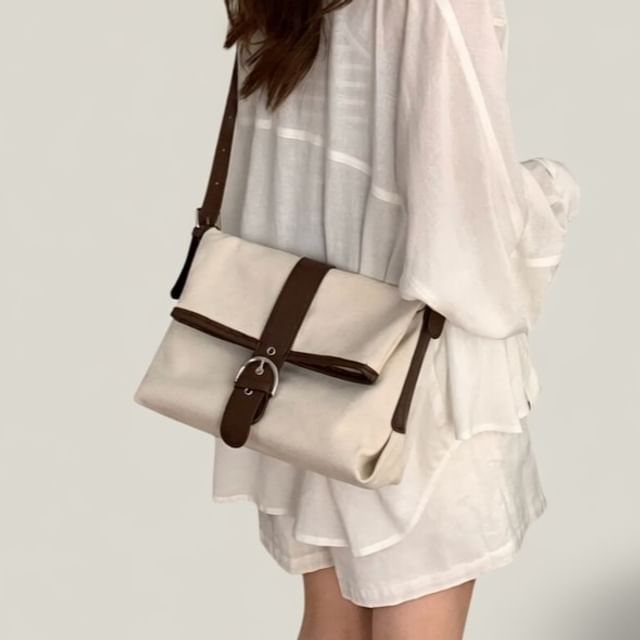 Basaran-Roll Top Buckled Panel Canvas Crossbody Shoulder Bag
