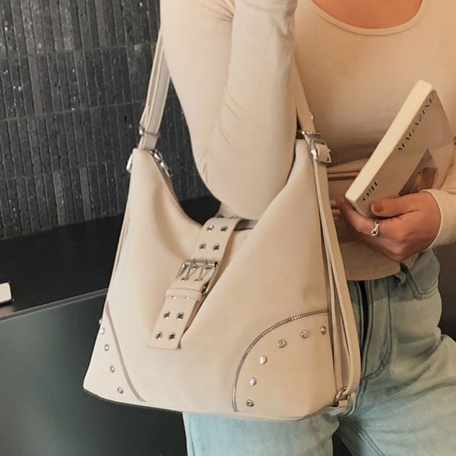 Basaran-Studded Buckled Faux Leather Tote Bag