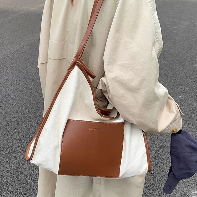 Basaran-Two Tone Faux Leather Panel Canvas Tote Bag