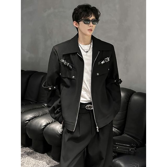 Bay Go Mall-Collared Plain Buckled Zip Jacket