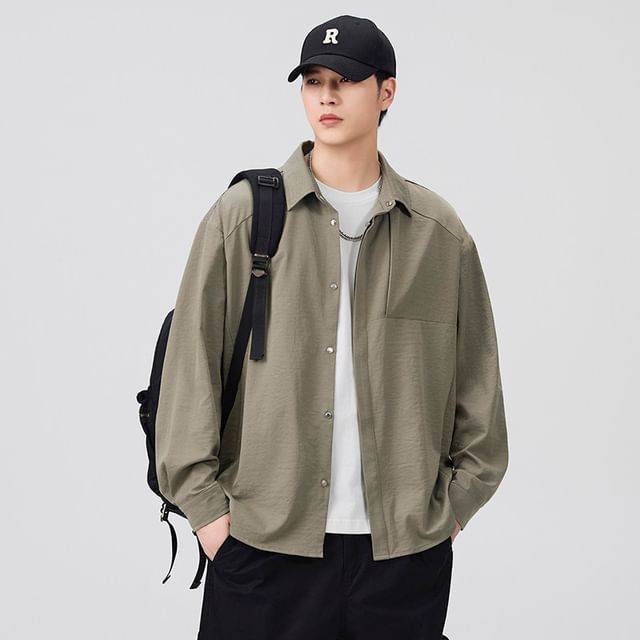 Bay Go Mall-Collared Plain Button Shacket