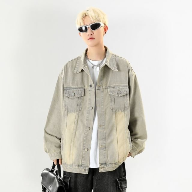 Bay Go Mall-Collared Washed Button Denim Jacket